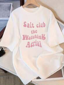Women's Korean Style White T-Shirt, Modern And Minimalist - Casual Short Sleeve Summer Top With "Salt And Sky" Design Print (Pink On White Background) - Korean Fashion T-Shirt, Suitable For Beachwear, Casual Outfits And Coastal Environments. - 白色 - 查看 7