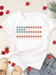 Women's T-Shirt With A Colorful Print, Soft Fabric, Modern Style, Short Sleeves, And A Round Neck. The Urban Style Is Versatile And Suitable For Everyday Wear And Casual Outfits In Spring And Summer. A Modern Design Perfect For Easter And Mother's Day, With A Simple, Comfortable Round Neck And A New Summer Style. - 白色 - 查看 8