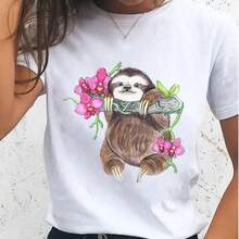 Women's T-Shirts With Sloth, Animal, And Flower Prints, Cute, Casual Style, Short Sleeve, Y2K Fashion, Urban Vintage Style, Unisex, Loose Fit, Cotton, Round Neck - 白色 - 查看 1