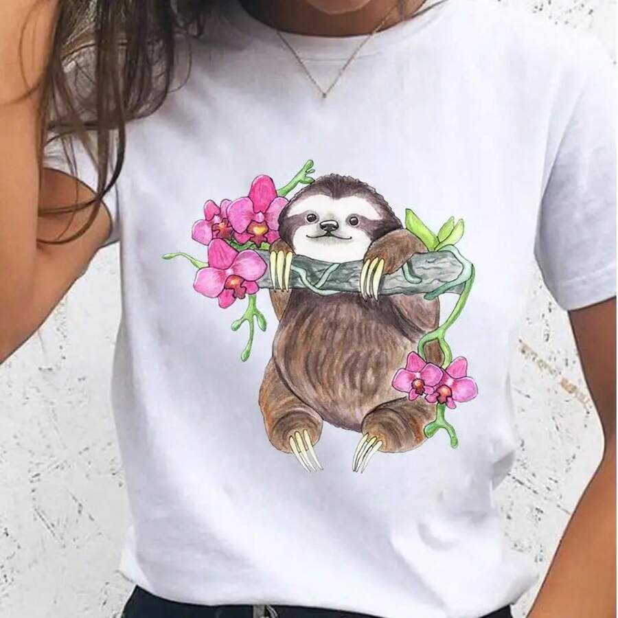 Women's T-Shirts With Sloth, Animal, And Flower Prints, Cute, Casual Style, Short Sleeve, Y2K Fashion, Urban Vintage Style, Unisex, Loose Fit, Cotton, Round Neck - 白色 - 查看 1