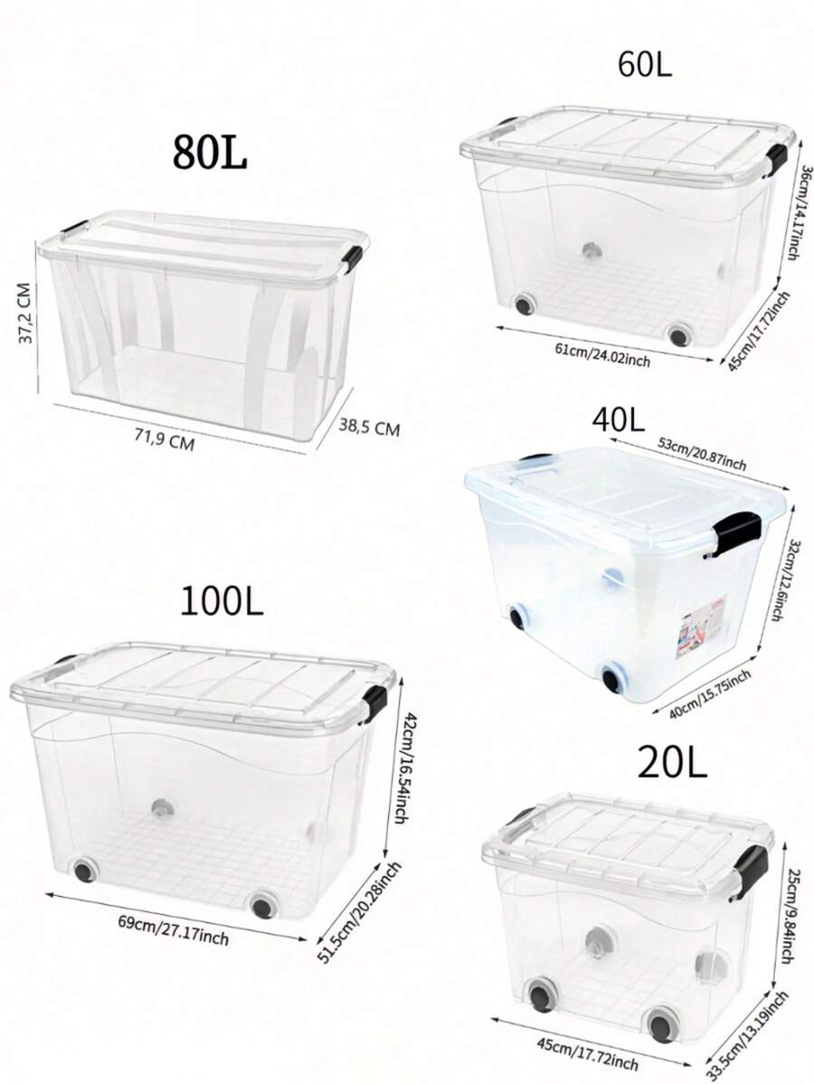 2pcs 100L Large-Capacity Storage Boxes With Wheels, Stackable Design, Sturdy And Durable, Space-Saving, With Safety Latch Lids, Available In Multiple Sizes, Suitable For Home, Storage Rooms, Offices, Garages, Transparent Tool Storage Boxes - Multiple Specifications - View 1