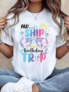 Aw Ship It's A Birthday Trip Tropical Vacation Women's T-Shirt, Summer Beach Party T-Shirt, Birthday Celebration Gift For Her, Fun Festive Clothing, 220g - Unisex Short Sleeve T-Shirt, Round Neck, Urban Vintage Style, 100% Pure Cotton - 白色 - 查看 1