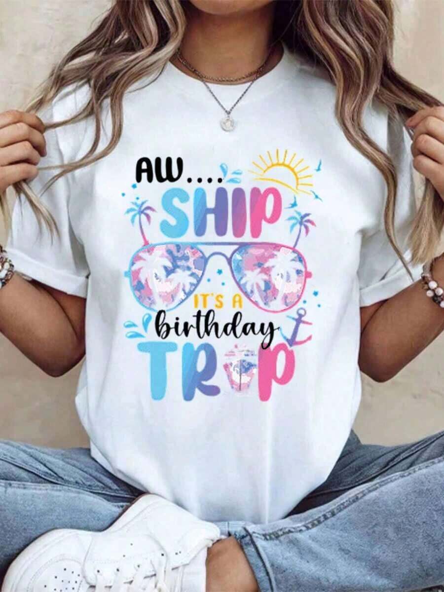 Aw Ship It's A Birthday Trip Tropical Vacation Women's T-Shirt, Summer Beach Party T-Shirt, Birthday Celebration Gift For Her, Fun Festive Clothing, 220g - Unisex Short Sleeve T-Shirt, Round Neck, Urban Vintage Style, 100% Pure Cotton - 白色 - 查看 1