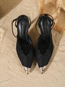 On feet& in love Women's Fashion Elegant Lace Metallic Pointed Toe Sexy Ankle Strap Stiletto High Heel Pumps, Suitable For Wedding Dress Matching - Black - View 6