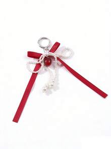 1pc French Elegant Pearl Ribbon Keychain, Dual-Color Satin Bow Design, Pearl Bow + Heart Pendant, Versatile Bag Accessory - Multicolor - View 4