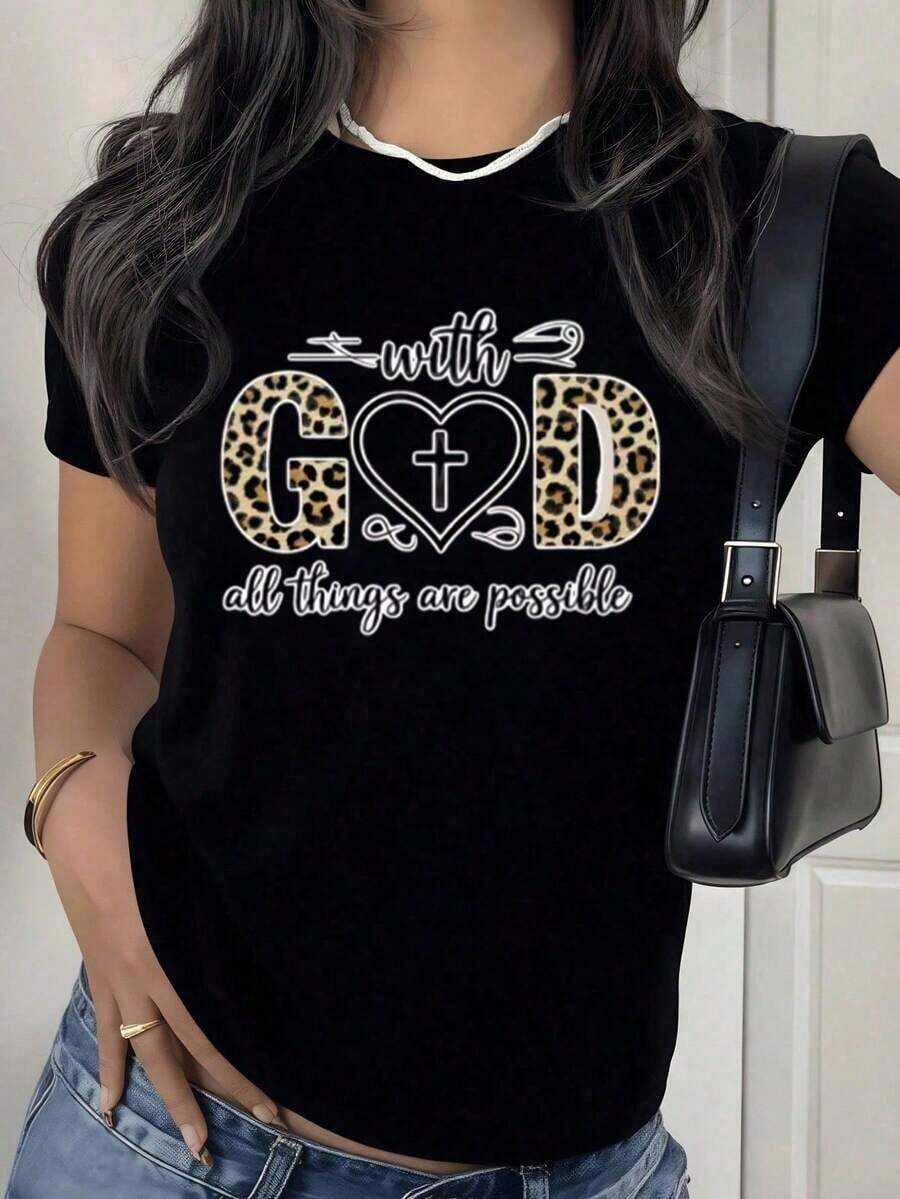 100% Cotton Women's Black T-Shirt With The Phrase "With God All Things Are Possible", Leopard Print T-Shirt With Heart And Cross, Christian Faith Blouse With Modern Aesthetic Style, Casual Top For A Faith Gift Or Church Wear. Women's Simple Solid Color T-Shirt, Loose And Slim Fit Casual Short Sleeve - 黑色 - 查看 1