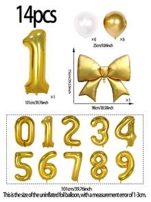 14件套40英寸金色数字气球套装，包含大蝴蝶结铝箔气球、珍珠白金色乳胶气球、0-9数字形状气球，适用于生日派对、婴儿派对、周年纪念装饰。 - 金色 - 查看 11