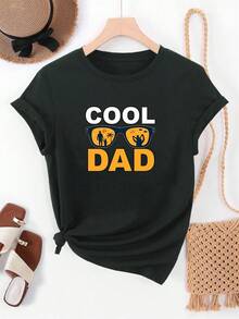 Women's "Cool Dad" Print T-Shirt - Fun Father's Day Gift, Green Short Sleeve Crew Neck Summer T-Shirt With Eye-Catching White And Yellow Letters, Loose Fit Suitable For Casual Wear And Matching Family Outfits, Machine Washable, "Cool Dad" Design With Modern Glasses And Family Illustrations, Solid Color, Regular Fit, Lightweight And Breathable, Perfect For Warm Weather, Ideal For Casual Outings And Family Gatherings. Elegant Party Outfit, T-Shirt For Stylish Ladies, Blouses Suitable For Curvy Women, Casual Wear, Cool And Sweat-Free Summer Clothes, Fun Letter Print - 黑色 - 查看 6
