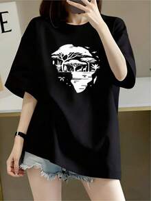 Camiseta negra informal de manga corta con cuello redondo para hombre,Camisetas Para Mujer Camiseta oversize única diseño urbano estilo contemporáneo con estampado indígena gráfico original cómoda versátil ideal para actividades diarias talla L color negro moda juvenil  actual amistad ocio - Negro - Ver 1