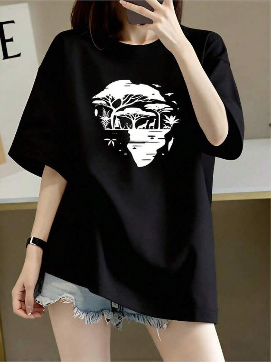 Camiseta negra informal de manga corta con cuello redondo para hombre,Camisetas Para Mujer Camiseta oversize única diseño urbano estilo contemporáneo con estampado indígena gráfico original cómoda versátil ideal para actividades diarias talla L color negro moda juvenil  actual amistad ocio - Negro - Ver 1