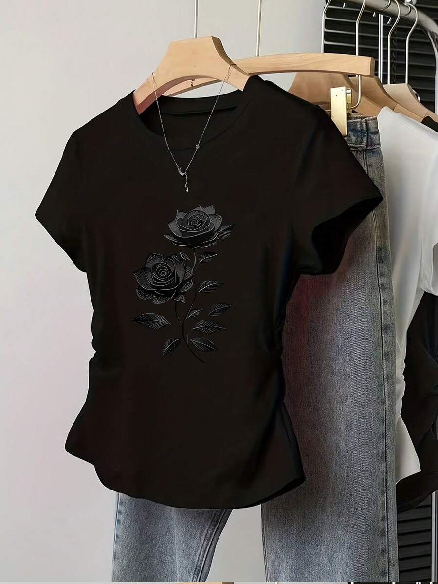 Black Rose Art Print - Y2K Style - Women's Small Size Slim Fit Solid Color T-Shirt, Casual And Sporty Style, With Detailed Pleats At Waist, Round Neck, Short Sleeves, Suitable For Four Seasons. - 黑色 2 - 查看 1