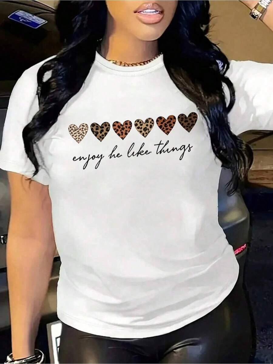 YOCASA Women's Casual Summer T-Shirt, Round Neck, Fitted Short Sleeve, With Oil Painting Print, Floral, Heart, Cherry And Letter Patterns. Simple Casual Fabric, Sporty Style, Ideal For Everyday Wear And Valentine's Day Dates. - 白色 - 查看 1
