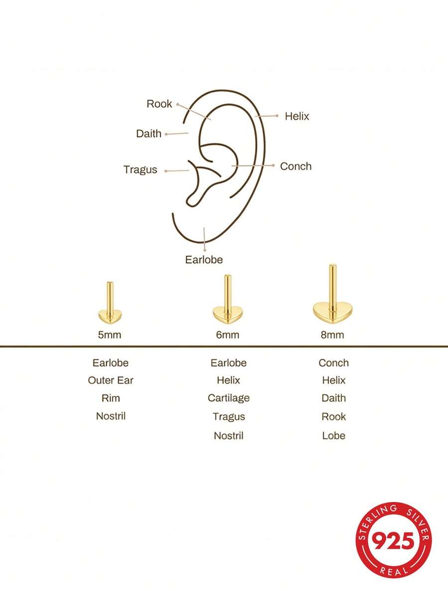 1 chiếc khuyên tai dạng tạ phẳng bằng bạc Sterling, kích thước 5/6/8mm, có chốt vặn, phù hợp với mọi vị trí xỏ khuyên (dái tai, vành tai, bình tai, daith, rook, conch). - Vàng - Xem 1