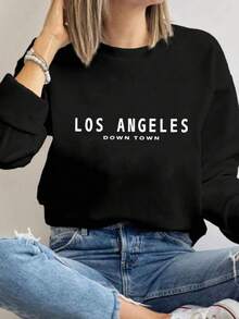 MSUCC|Women's Basic Crew Neck T-Shirt With Print, American Style, Modern And Youthful Design, Suitable For All Seasons And Everyday Wear, With Soft Fabric|Women's Black Sweatshirt With Los Angeles Print - 黑色 - 查看 1