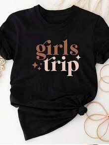 1 Piece Girls' Travel T-Shirt, Women's Weekend T-Shirts For Personal Care, Vacation Fashion, Casual Summer Tops, 180g 100% Cotton - 黑色 - 查看 1