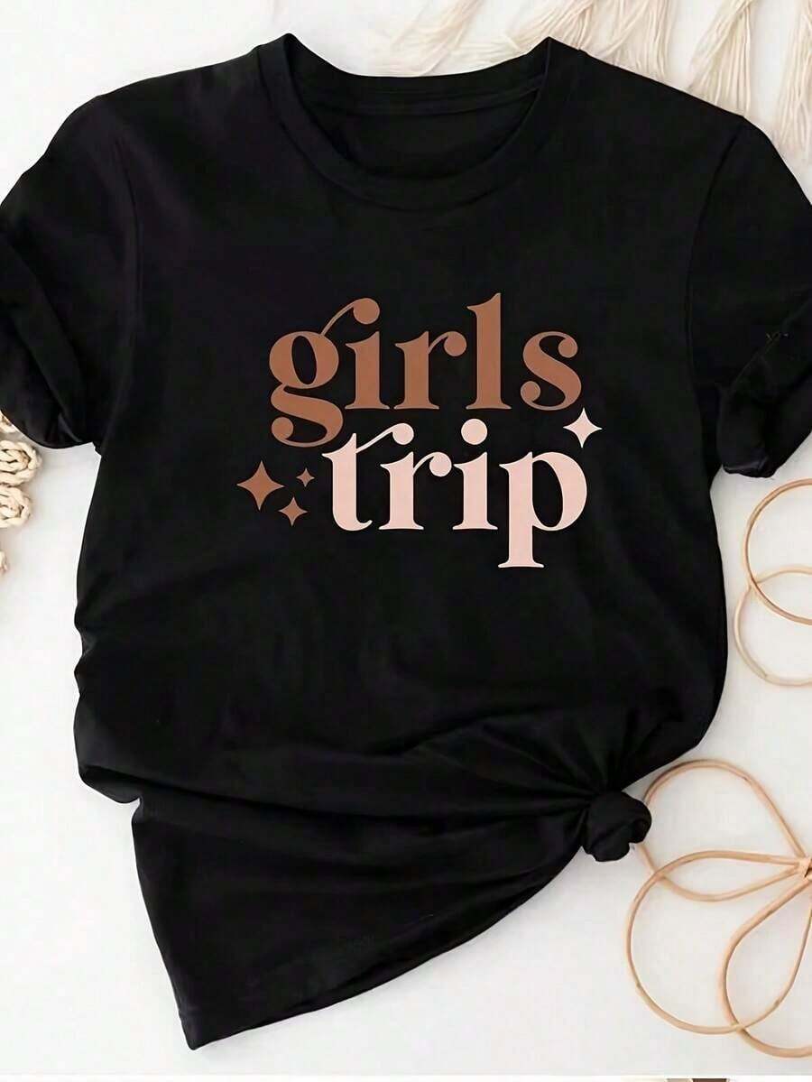 1 Piece Girls' Travel T-Shirt, Women's Weekend T-Shirts For Personal Care, Vacation Fashion, Casual Summer Tops, 180g 100% Cotton - 黑色 - 查看 1