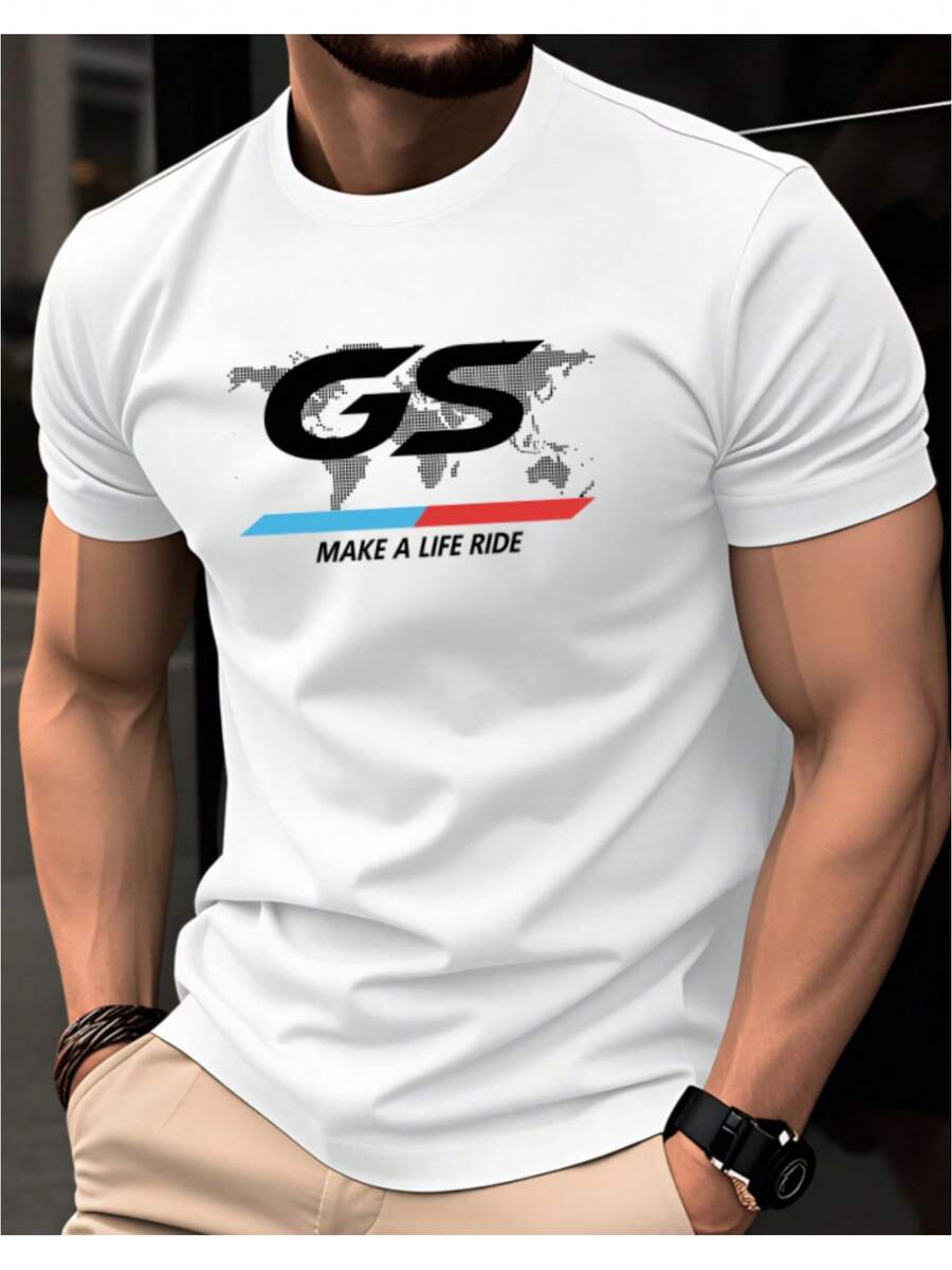 Short-Sleeved T-Shirt With A World Map Print And The Letters GS, Unisex Crew Neck, Perfect For Everyday Casual Wear. Cool And Breathable, Ideal For Spring And Summer. A Comfortable, Standard Fit Suitable For Both Men And Women, Making It A Great Choice For Outdoor Activities, Parties, And Everyday Wear In Spring And Summer. - 白色 - 查看 1