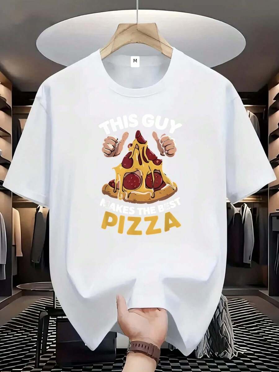 Men's Casual Short Sleeve T-Shirt - Breathable Summer Crew Neck T-Shirt, Fashionable "Best Pizza" Print, Machine Washable, Regular Fit, Suitable For Casual Wear, Summer Casual Clothing. - 白色 - 查看 1