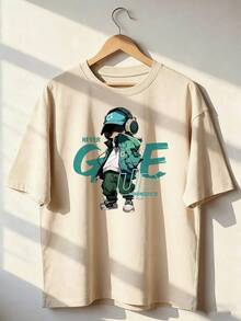 Anime-Style Character T-Shirt With "NEVER GIVE UP" Text.  Short-Sleeved T-Shirt For Spring And Summer 2026, Made In Mexico, 180 Grams. Cartoon Print, Couple Design, Suitable For Indoor Or Outdoor Wear. Crew Neck, Unisex, Ideal For The Office And Leisure. One-Pack. - APR-P631577SLNDXZGY597 - 查看 1