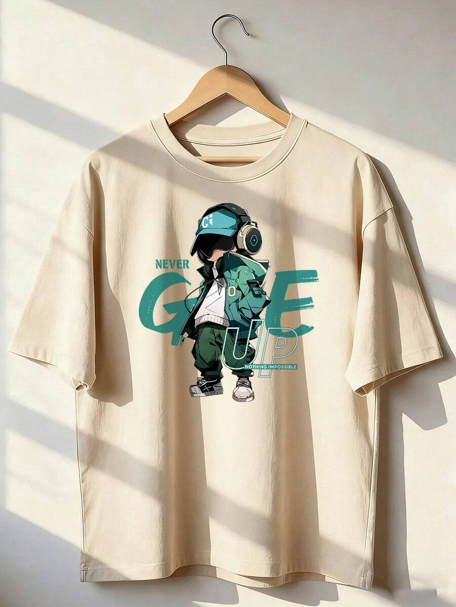Anime-Style Character T-Shirt With "NEVER GIVE UP" Text. Short-Sleeved T-Shirt For Spring And Summer 2026, Made In Mexico, 180 Grams. Cartoon Print, Couple Design, Suitable For Indoor Or Outdoor Wear. Crew Neck, Unisex, Ideal For The Office And Leisure. One-Pack. - APR-P631577SLNDXZGY597 - 查看 1