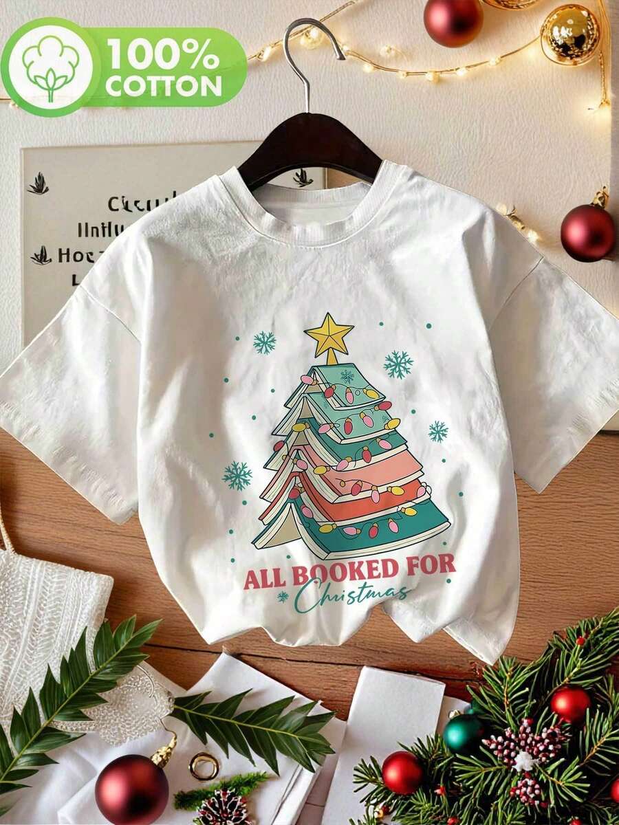 | Exquisite Design | Loose And Comfortable | Easy To Match | Women's 100% Cotton Short-Sleeve T-Shirt - White With A Christmas Tree Design And The Slogan "Booked" In A Book-Themed Design, Casual Round Neck Top, Suitable For Book Lovers On Vacation, Book-Themed Outfits, Spring And Summer Wear. - 白色 - 查看 1