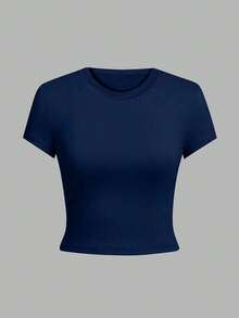 Áo crop top nữ màu xanh đậm trơn cổ tròn tay ngắn, áo baby tee ôm dáng tối giản, áo basic thường ngày mặc hằng ngày - Màu xanh đậm - Xem 4
