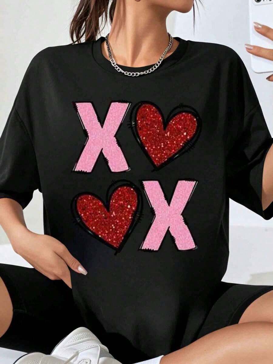 Women's Oversized T-Shirt With Sparkling Heart Print Xoxo, Fashionable Casual Top, Valentine's Day Gift, Artistic T-Shirt - 黑色 - 查看 1