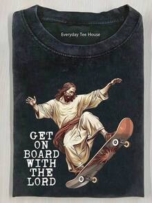 230g T-Shirt With A Single-Sided Print, Perfect For Halloween, Thanksgiving, And Christmas, Featuring A Jesus On A Skateboard Design. Ideal For Outdoor Adventures And A Great Gift For Family, Friends, And Colleagues. Women's Casual Printed T-Shirt, Short Sleeve, Crew Neck, Local Urban Fashion For Spring/Summer. - 黑色 - 查看 6
