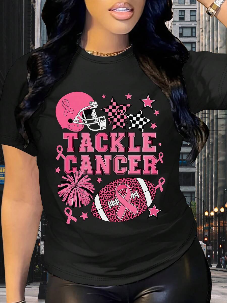 Camiseta de rugby para la concientización sobre el cáncer de mama para mujeres - Con diseño de eslogan y cinta rosa, corte holgado informal de manga corta, ropa ligera para el verano, estampado de rugby, prenda lavable a máquina. - Negro - Ver 1