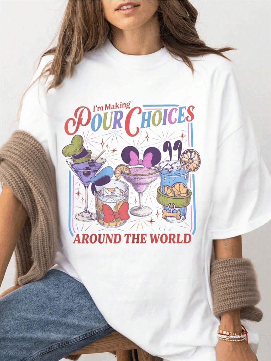 Epcot Drinks Themed Vintage T-Shirt - "I Make Pouring Choices" Slogan Tee, Suitable For Family Vacation, Theme Park Souvenir, Machine Washable Crew Neck T-Shirt, Ideal For Epcot Center Stage. - 白色 - 查看 1