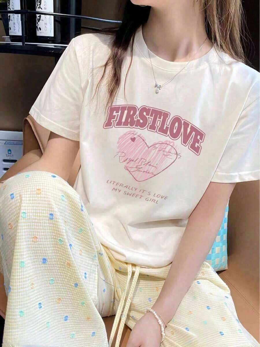 Women's Casual T-Shirt, 180g, Comfortable Fabric, Love Letter Print, Outdoor Sports T-Shirt | Loose Fit | Soft Knit T-Shirt, Solid Color And Simple, Breathable And Comfortable, Ideal For Casual Daily Wear. - 白色的 - 查看 1