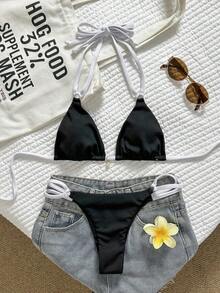 Conjunto de bikini para mujer de color liso con tirantes ajustables y colgante de perla, sexy para el verano - Blanco y Negro - Ver 2