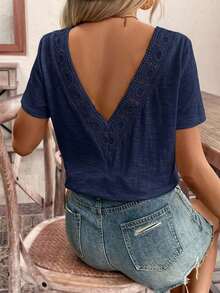 Top con espalda al descubierto y encaje entrelazado, camiseta, blanco imprescindible, conjunto de verano, imprescindible de la temporada de bodas, estilo francés - Azul marino - Ver 3
