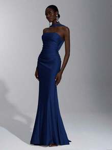 Vestido body-con con diseño elegante, romántico, sexy y minimalista, de punto elástico, tirantes finos, espalda abierta y cintura ajustada.Estilo de moda e influencer, apto para vacaciones, fiestas, bodas, damas de honor. - Azul marino 2 - Ver 1