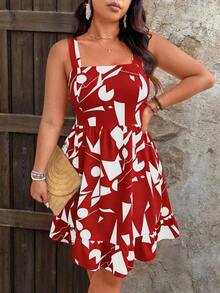Vestido de talla grande con estampado, lazo en la cintura y decoración para mujeres de vacaciones - Rojo - Ver 4