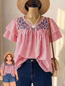 Linhara Blusa casual de verano de talla grande para mujer, de unicolor, cuello redondo, manga corta de doble capa, plisada, de moda versátil para vacaciones - Rojo 2 - Ver 7