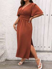 Vestido maxi de verano para mujer talla grande, de manga corta con volantes y cuello en V de un solo color - Óxido marrón - Ver 5