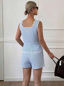 Conjunto de 2 piezas de top de tirantes finos a rayas y pantalones casuales de verano para mujer, conjunto de prendas de estar en casa - Azul marino 5 - Ver 6