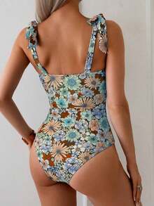 Swim Basics 1 pieza Traje de baño de una sola pieza con estampado sólido y floral y tirantes de espagueti anudados para mujer - Multicolor - Ver 2