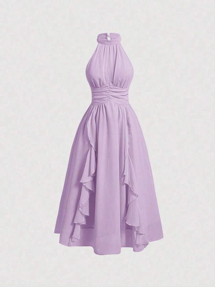 MOD Vestido elegante de cuello halter con pliegues y ribete de volantes para mujer - Púrpura malva - Ver 1
