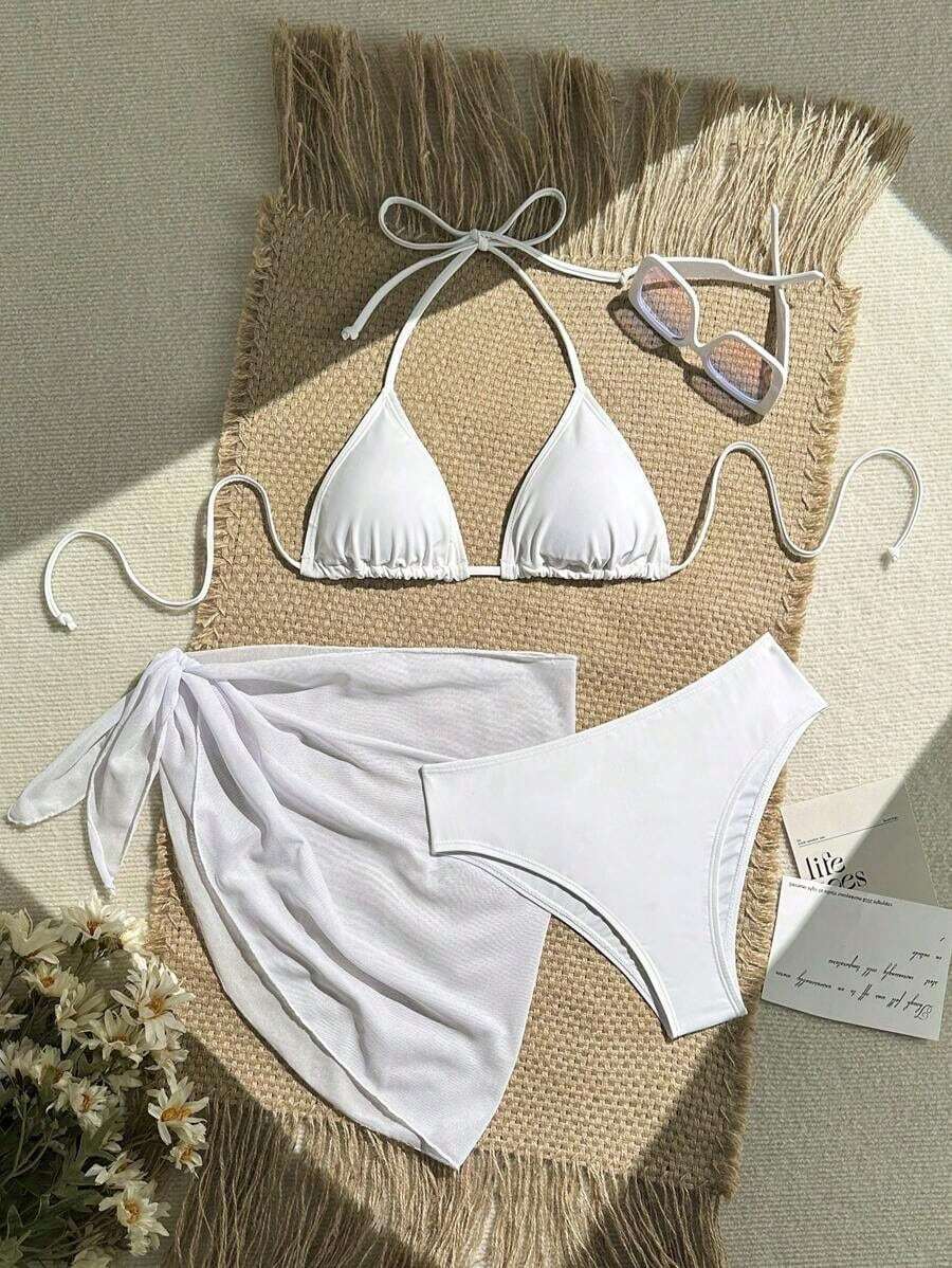 Conjunto de bikini de 3 piezas de unicolor compuesto por traje de baño con escote halter y lazada, talla grande una falda y una pieza de cobertura para el verano - Blanco - Ver 1
