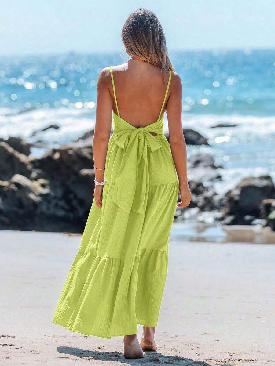 Vestido casual sin mangas con lazo para primavera y verano, atuendos de verano para mujer, vestidos de verano para mujer, atuendos de vacaciones, vestido de playa de verano para mujer, vestido de vacaciones estilo boho y fairycore, vestido sin esp - Verde - Ver 1