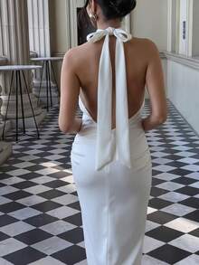 Nuevo vestido elegante de fiesta de cola de sirena con cintura alta plisada, sin mangas, color verde militar sólido, adecuado para boda, fiesta, cita, Día de San Valentín, primavera - Blanco - Ver 2