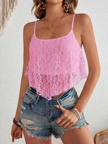 Camiseta sin tirantes de punto con parches de encaje y bajo asimétrico, casual para vacaciones de verano, estilo occidental para mujer, bohemio chic, concierto de country, concierto de country, festival de vacaciones, playa para mujer, sin espalda, - Rosa 2 - Ver 3