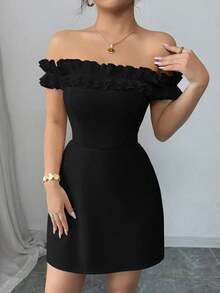 Vestido romántico con hombros descubiertos y volantes en la cintura para mujeres - Negro - Ver 6