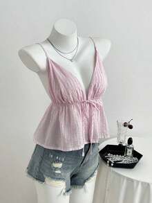 Top sin espalda con cuello de halter y rayas de strass para mujer - Rosa - Ver 4