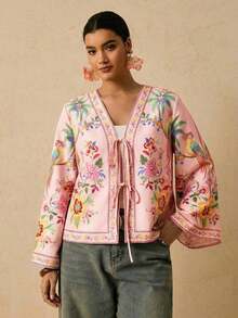 Camisa casual versátil de uso diario con estampado floral y nudo delantero para mujer de talla grande - Multicolor 7 - Ver 3