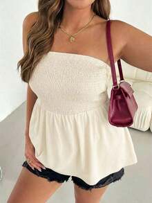 Blusa sin tirantes de rayas negras y blancas, versátil, cómoda y estilizadora, para mujer talla grande, ideal para primavera/verano, vacaciones y salidas, estilo europeo de verano - Albaricoque - Ver 4
