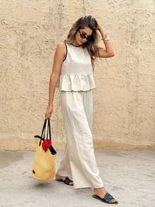 Frenchy Set de 2 piezas de Top sin mangas con cuello redondo y volantes en el dobladillo y pantalones para mujer, ideal para verano - Albaricoque - Ver 6