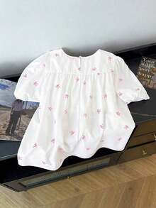 Blusa de mujer talla grande con estampado de mariposa, elegante y casual, apropiada para el transporte diario, salidas y recreación.Camisa de manga corta de cuello redondo y silueta abombada. - Rosa - Ver 2